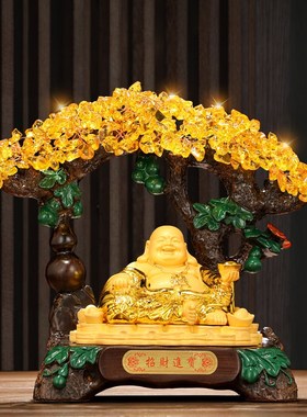 速发佛水晶发财树摆件招财大肚弥勒玄家居摆设黄像客厅佛关店铺装
