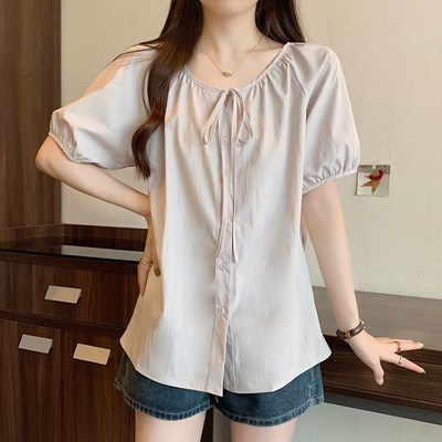 速发大码胖妹妹法式温柔风松蝶结正肩宽蝴休闲T恤上衣