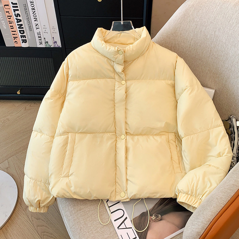 2024年冬季新款短款设计感纯色棉服女冬面包外套加厚棉服棉衣黄色
