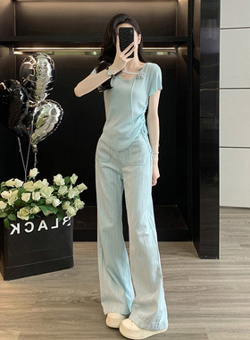 蓝色休闲运动套装女夏季2026新款时尚甜美温柔系上衣阔腿裤两件套
