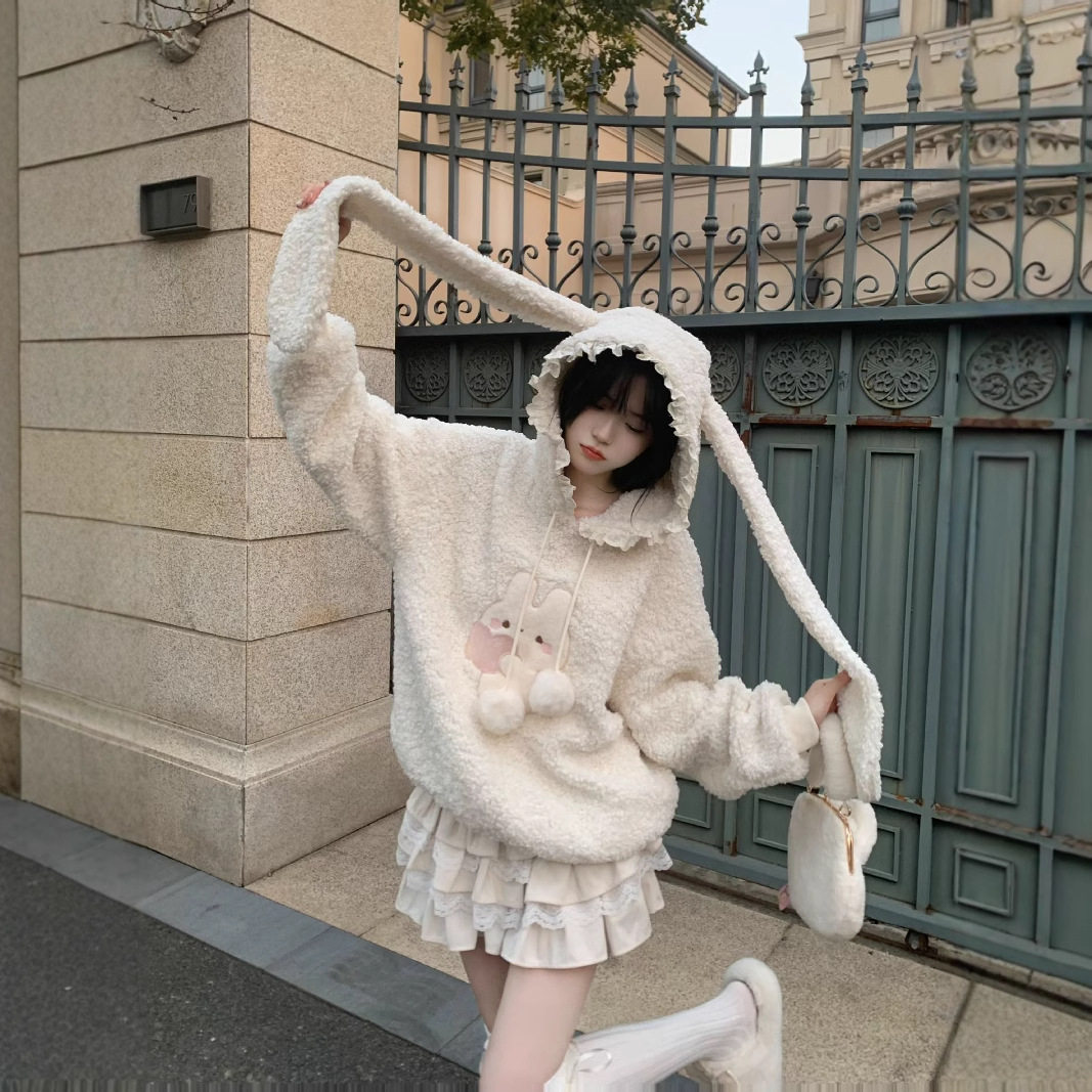 兔子长耳朵连帽羊羔毛卫衣外套女冬季加绒加厚甜美减龄宽松上衣潮