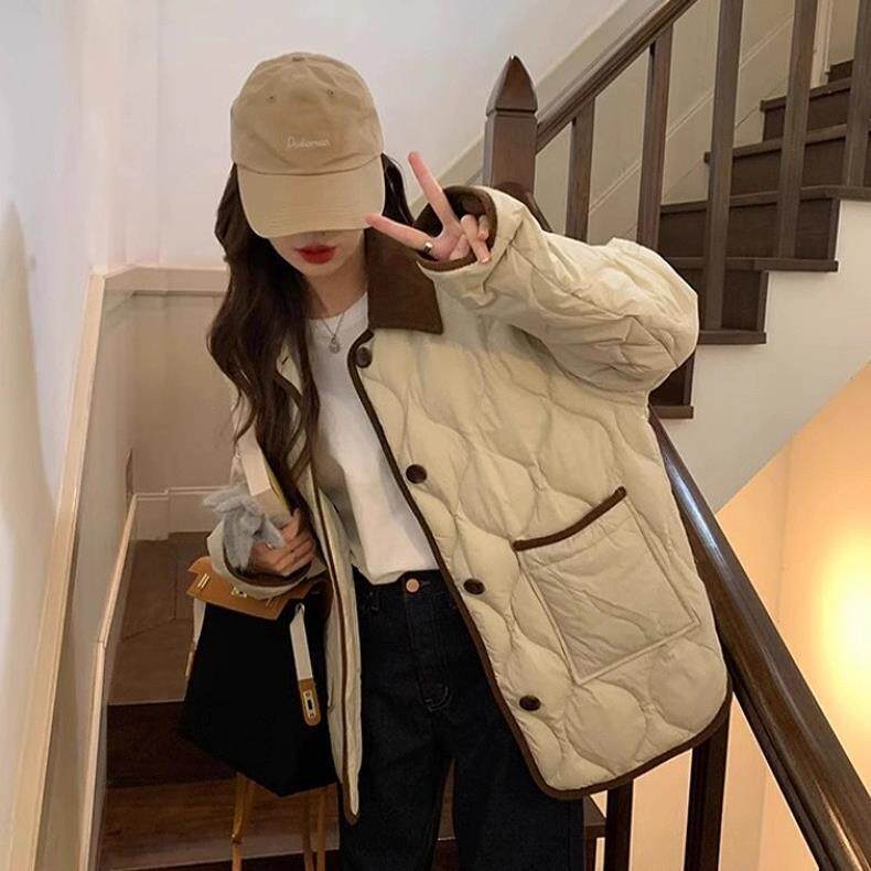 仟亦服小香风棉服菱格棉服翻领学生棉衣2024年秋冬新款棉衣轻薄棉