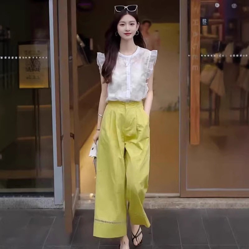 夏季套装女新款韩版休闲洋气小飞袖上衣高腰显瘦休闲九分裤两件套