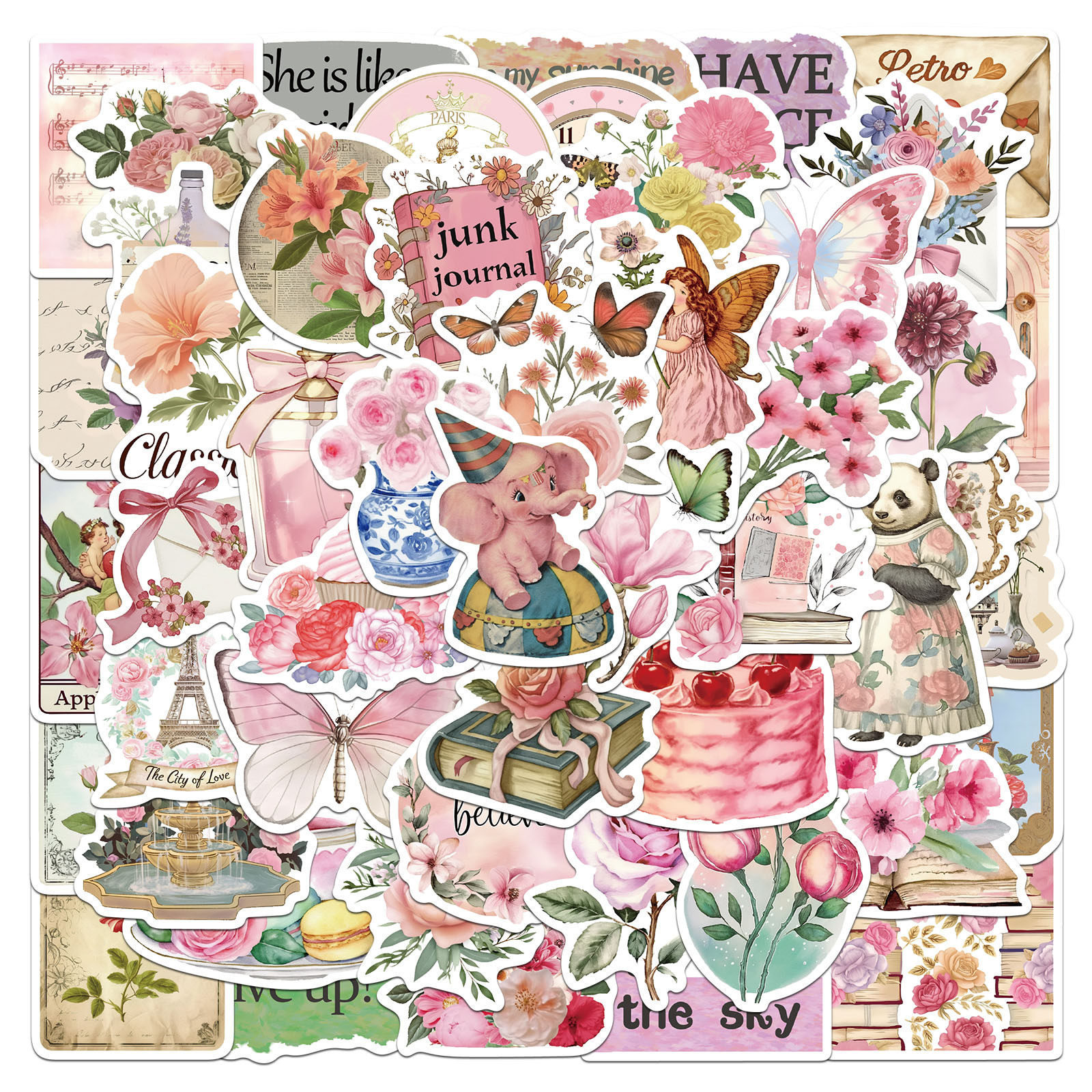 50张欧美复古粉色拼贴涂鸦贴纸ins手帐旅行箱iPad手机壳水杯装饰