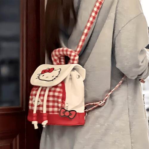 迷你红格双肩包包女出街背包