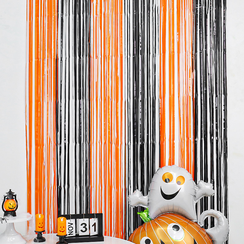 速发圣节黑色橘色雨色双丝帘彩条背景墙彩带装饰雨丝门帘氛围装饰