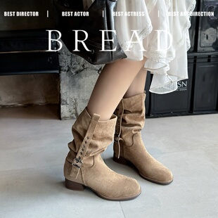 「牧野」舒适短靴女2025新款中跟增高骑士靴百搭西部靴褶皱堆堆靴