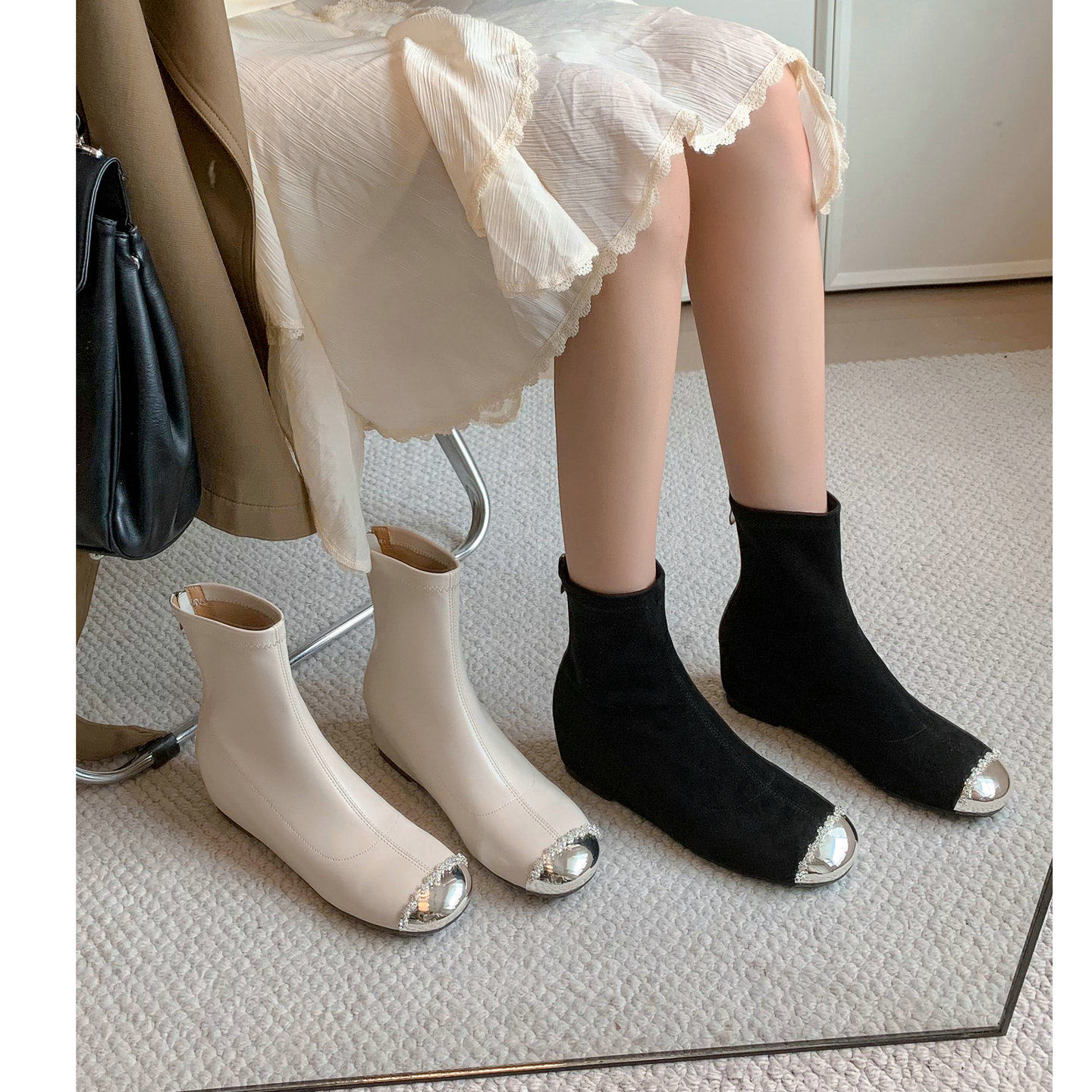 2025秋冬新款水钻金属圆头内增高短靴女时尚弹力瘦瘦靴时装靴白色,女鞋,弹力靴/袜靴,淘宝优惠券,粉丝福利购,淘宝优惠卷