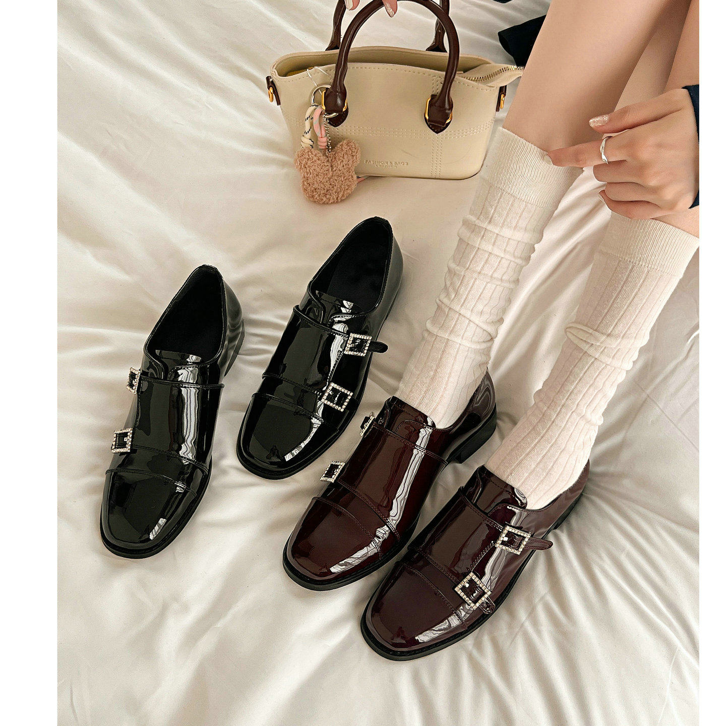 「牧野」~英伦风水钻扣低跟牛津乐福单鞋女布洛克圆头小皮鞋黑色,女鞋,乐福鞋（豆豆鞋）,淘宝优惠券,粉丝福利购,淘宝优惠卷