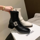 法式 5cm粗中跟短靴女秋冬水钻方扣白色弹力瘦瘦靴及踝时装 靴