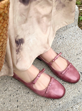 「牧野」牛皮版~紫色玛丽珍浅口单鞋女新款圆头平底蝴蝶结小皮鞋