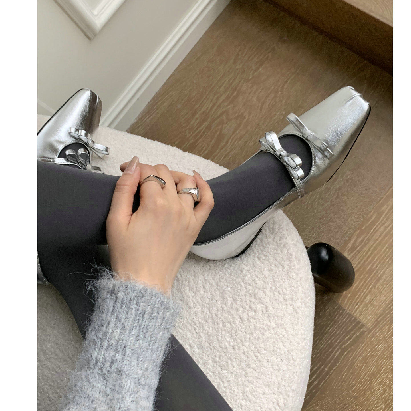 羊皮版！气质蝴蝶结芭蕾单鞋女内增高中跟银色高级感小皮鞋配裙子,女鞋,浅口单鞋,淘宝优惠券,粉丝福利购,淘宝优惠卷