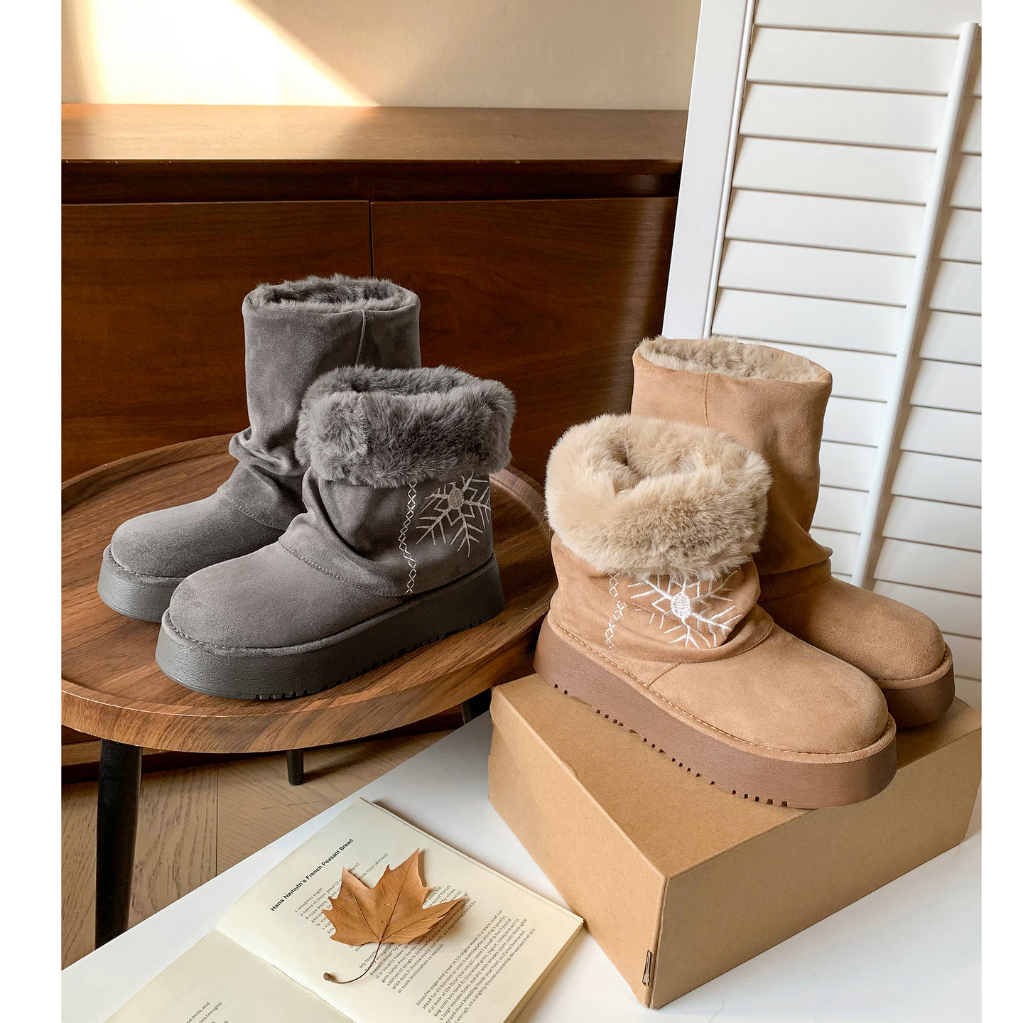 厚底雪花刺绣雪地靴加绒保暖棉鞋