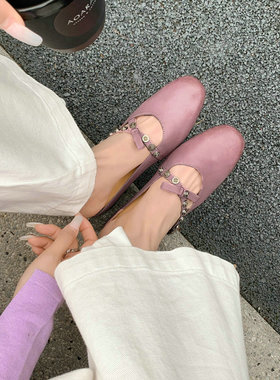 低跟玛丽珍包头半拖鞋女外穿2025春夏新款一脚蹬凉拖晚晚单鞋紫色