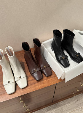 巨美法式山茶花蝴蝶结方头粗跟短靴软皮弹力瘦瘦靴中跟不累脚女靴