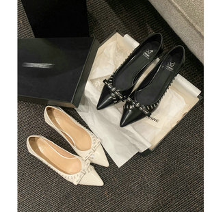 「牧野」珍妮鞋~法式尖头水钻蝴蝶结高跟单鞋女通勤鞋晚宴婚鞋白