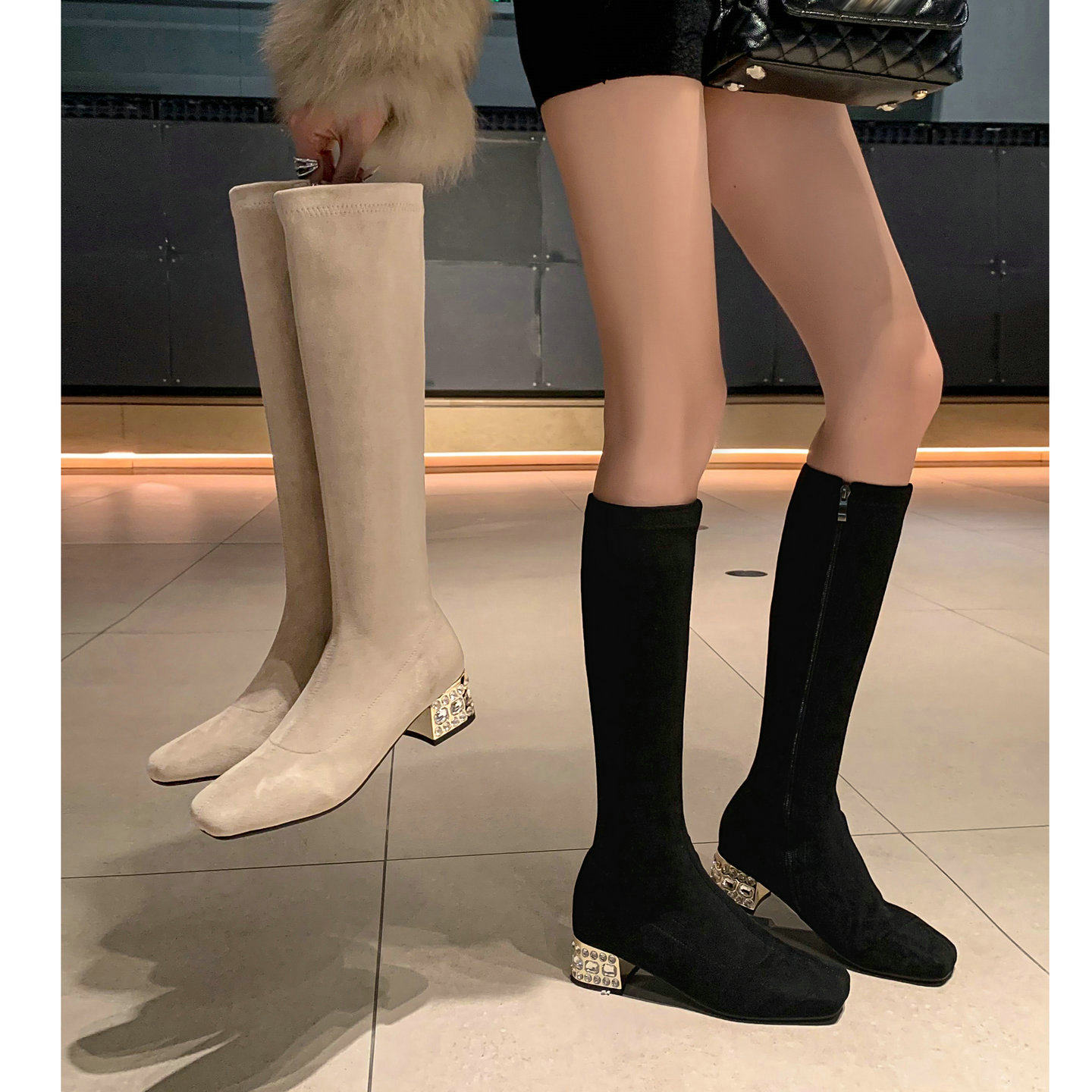 水钻中跟长靴不过膝显腿长瘦瘦靴