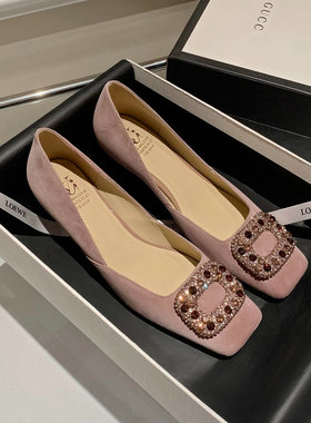 法式方扣水钻浅口单鞋女2024春夏方头粗跟羊翻皮紫色通勤高跟鞋