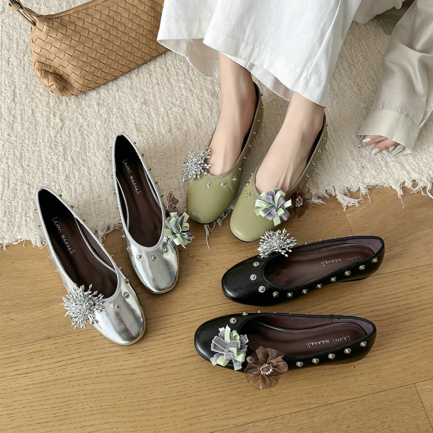 羊皮版~小众花朵铆钉浅口芭蕾舞鞋女2026新款舒适休闲平底小皮鞋,女鞋,浅口单鞋,淘宝优惠券,粉丝福利购,淘宝优惠卷