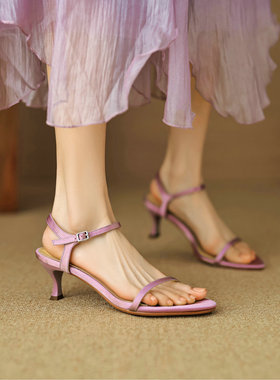 2024夏季新款细跟凉鞋女高跟鞋一字扣带紫色气质简约百搭露趾法式