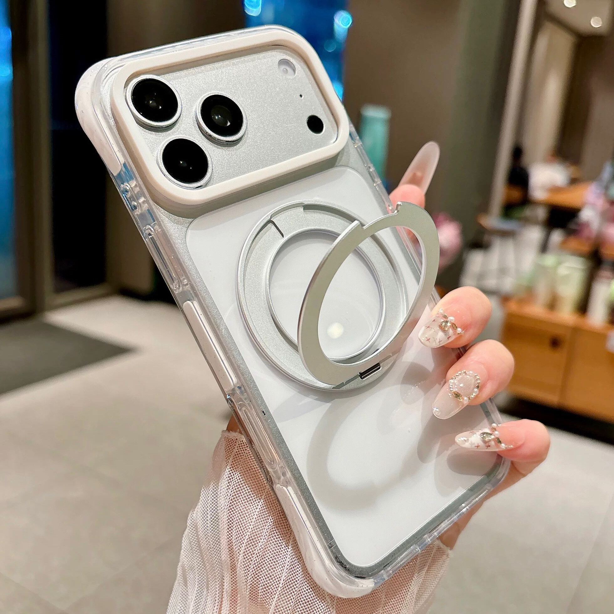 真空气囊四角防摔适用苹果17Pro手机壳360旋转磁吸支架iPhone16promax高透亚克力硬15全包透明男女软边保护套