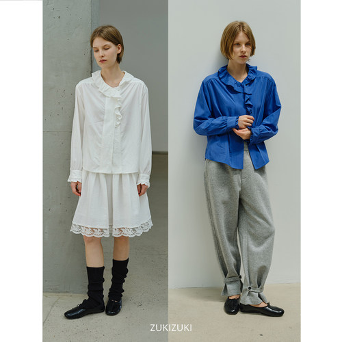 ZUKIZUKI 法式花边衬衫 蓝/白