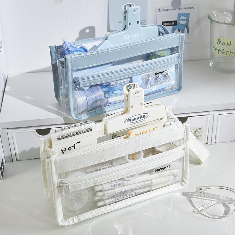 速发透明笔袋网纱磨砂三角立体大容量文具袋高颜值简学铅笔袋可入