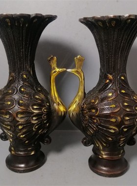 速发古玩铜器收藏,鎏金凰凤花瓶一对 孔花开屏雀瓶家居装饰