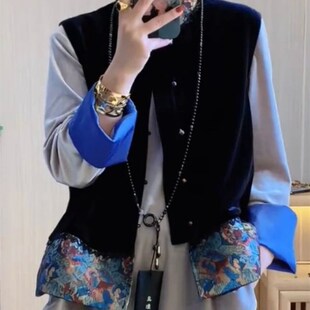 速发丝绒新中式国风上衣马甲无高端外穿马夹坎肩款袖黑色心背外套