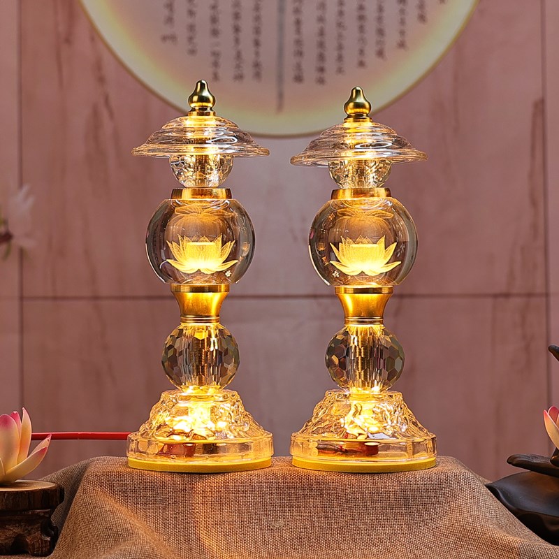 速发新款七供水晶球莲花灯摆件玻璃彩灯神台灯财神灯水晶荷花灯