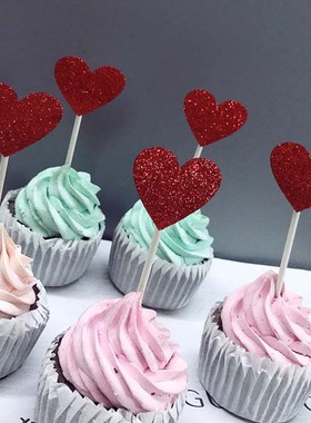 大红色 RED艳丽 派对 周岁百天宴主蛋糕爱心形状桃心插牌插旗装饰