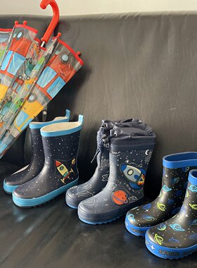 火箭男童雨鞋卡通中筒