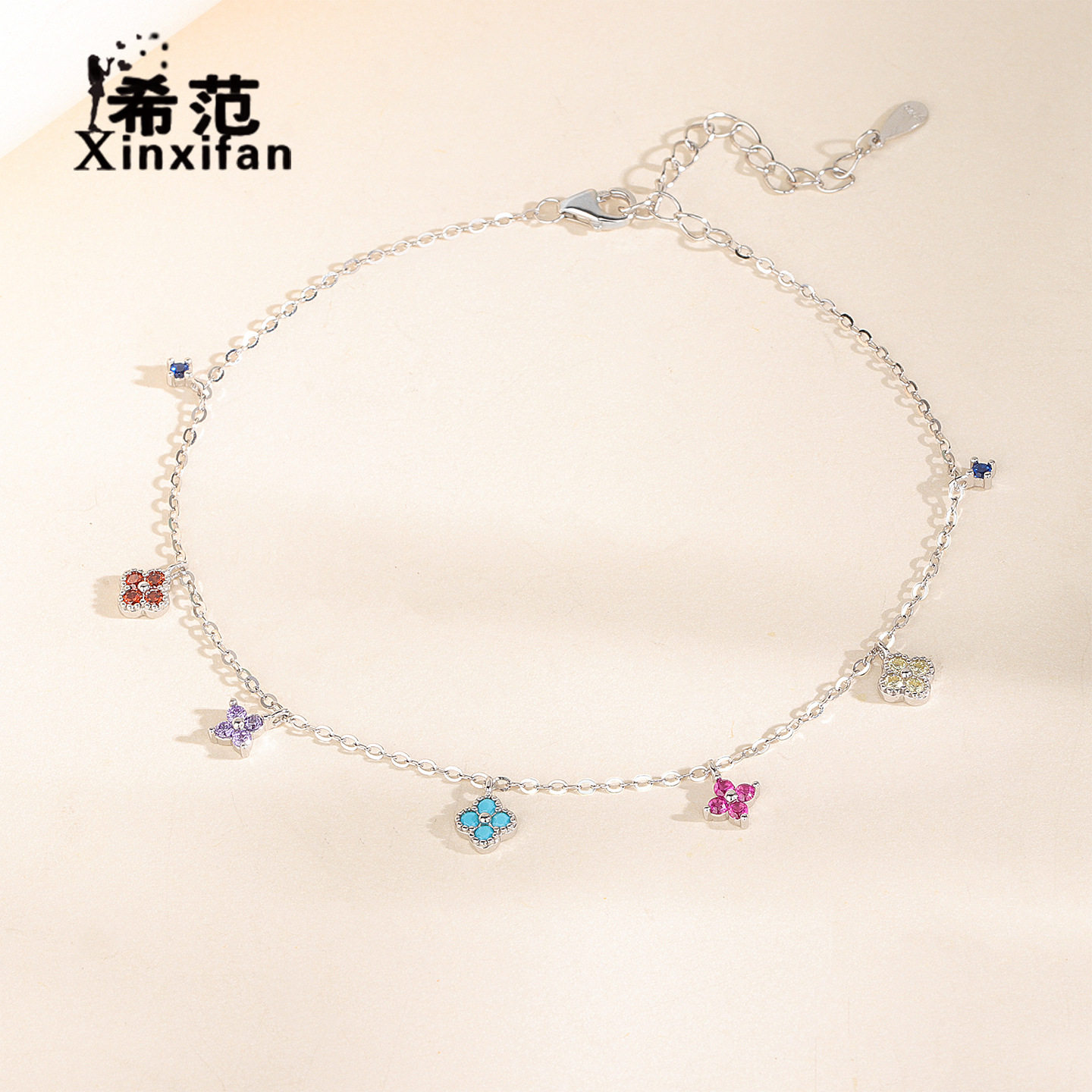 S925纯银迷你幸运四叶草脚链轻奢多巴胺彩色多宝小众设计时尚脚饰