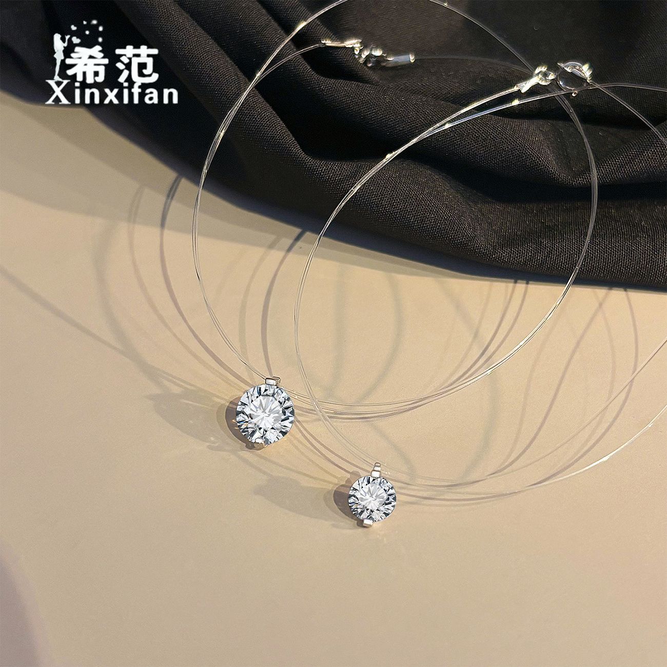 S925纯银莫桑石人鱼之泪项链女生精致隐形透明鱼线项链颈戴简约款
