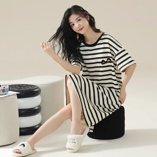 2026年新款100%纯棉条纹睡裙女士夏季短袖夏天中长款可外穿连衣裙