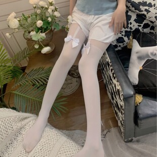 ins潮 lolita蝴蝶结吊带白色丝袜子jk辣妹假高筒连裤 夏季 薄款