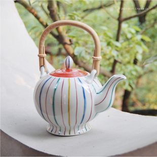 复古彩条纹陶瓷竹提梁色十草茶壶茶杯 日式 日本蔵珍窑 茶茶向上