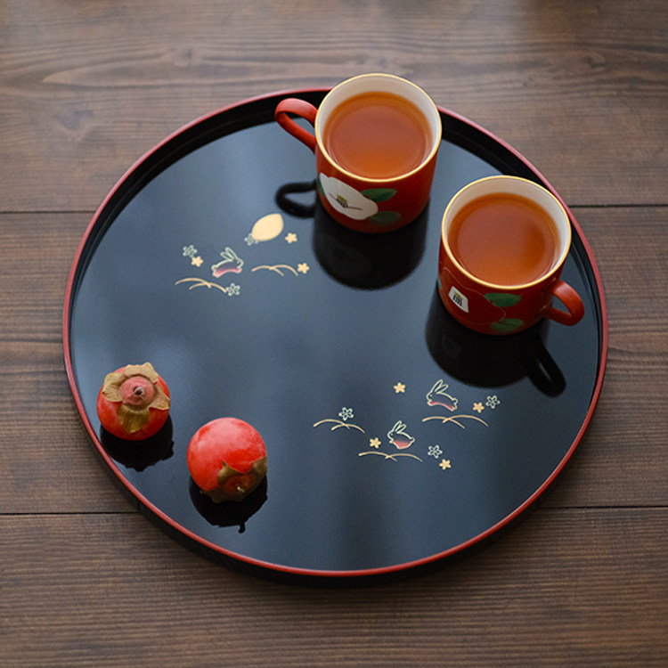 茶茶向上 日本和风描金兔子日式圆托盘 茶盘咖啡水果盘置物盘