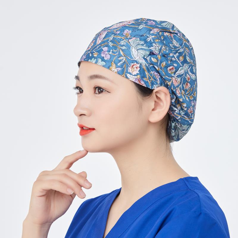 手术帽全棉印花厨师帽防尘包头帽舒适透气月子帽蓬蓬款纯棉套头帽