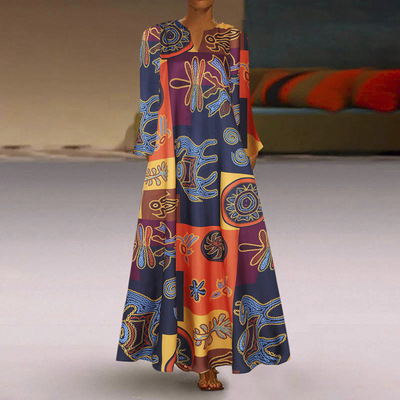 Vintage print color block patchwork dress复古印花色块连衣裙