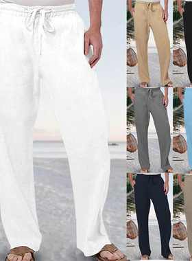 2023夏季男士透气宽松纯色松紧系绳长裤Solid color lace up pant