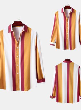 2023春夏季男士印花休闲宽松型翻领橙色衬衣Orange striped shirt