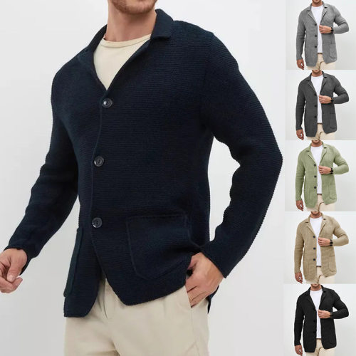 Men's solid color collar knitted sweater男士纯色翻领针织毛衣