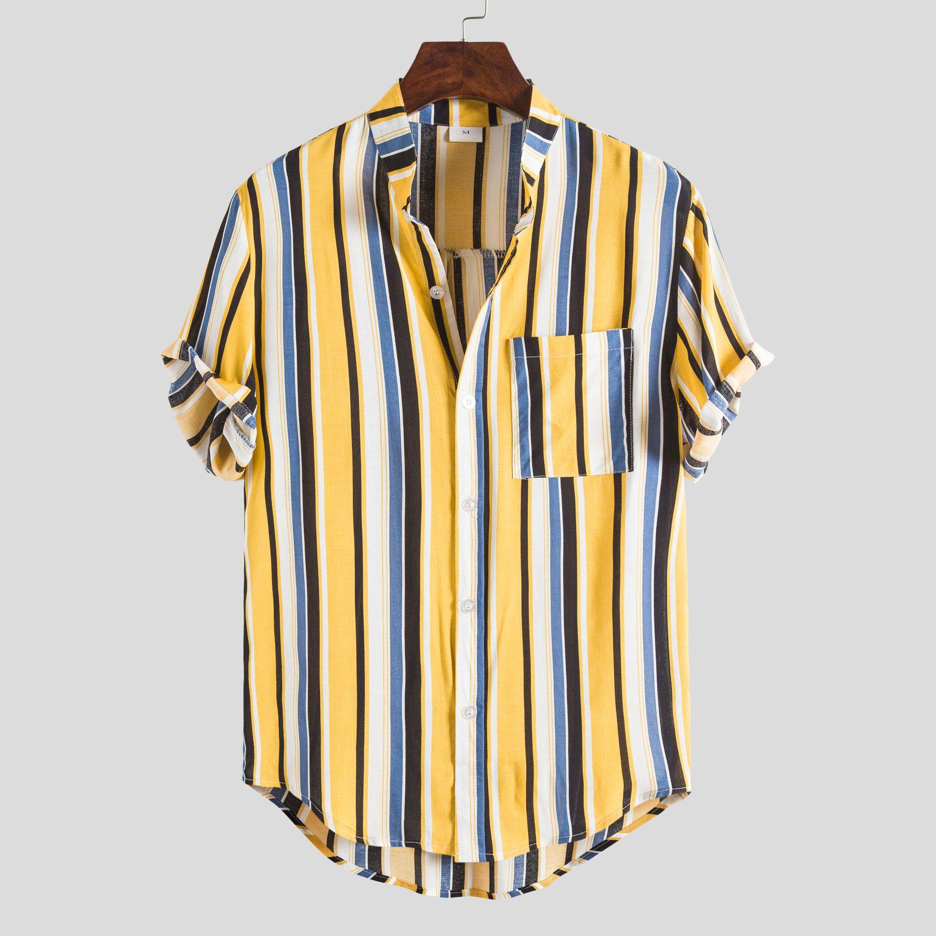 夏季男士短袖条纹印花立领半截袖衬衣Striped short sleeved tops,男装,衬衫,淘宝优惠券,粉丝福利购,淘宝优惠卷