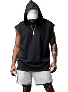 Men hooded loose fitting fitness pullover sports casual vest