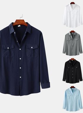 男士纯色双口袋设计男士长袖衬衣Solidcolor double pocket shirt