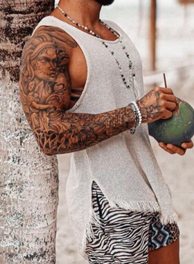 2023夏新款男士无袖凉爽白色流苏运动背心Men sports tassel vest