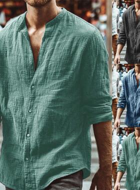 SolidColor Casual Stand Collar Long Sleeve Top纯男色立领衬衫