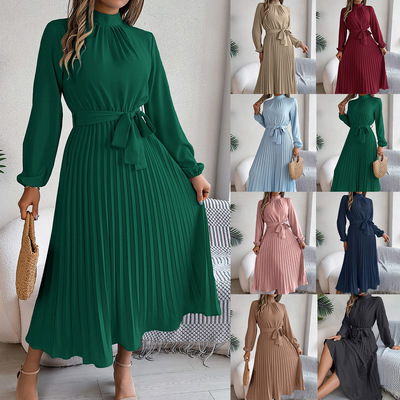 Elegant stand up collar long sleeved dress优雅立领长袖百褶裙