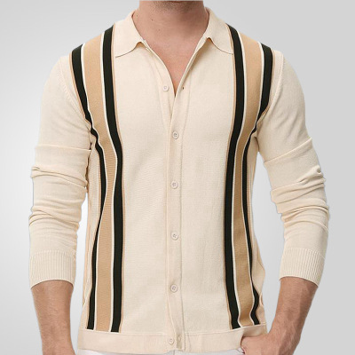 Men striped patchwork business long sleeved polo shirt条纹衫